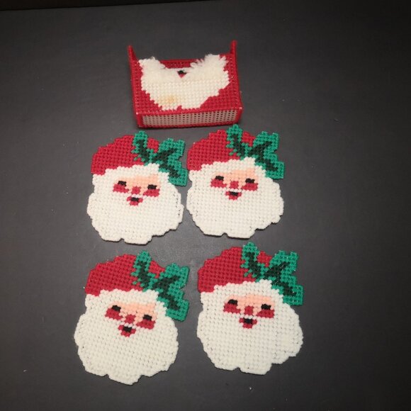 Vintage Handmade Set of 4 Needlepoint Santa Face Christmas Coasters with Holder - Picture 2 of 3
